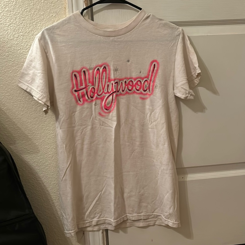Size Small White Hollywood T-shirt with pink print